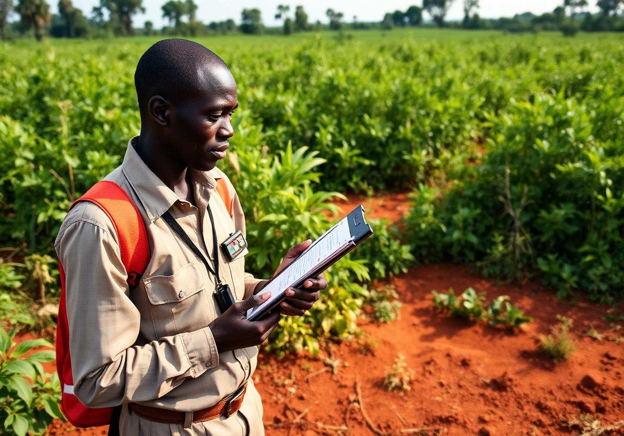 Field officer inspecting land with a clipboard
